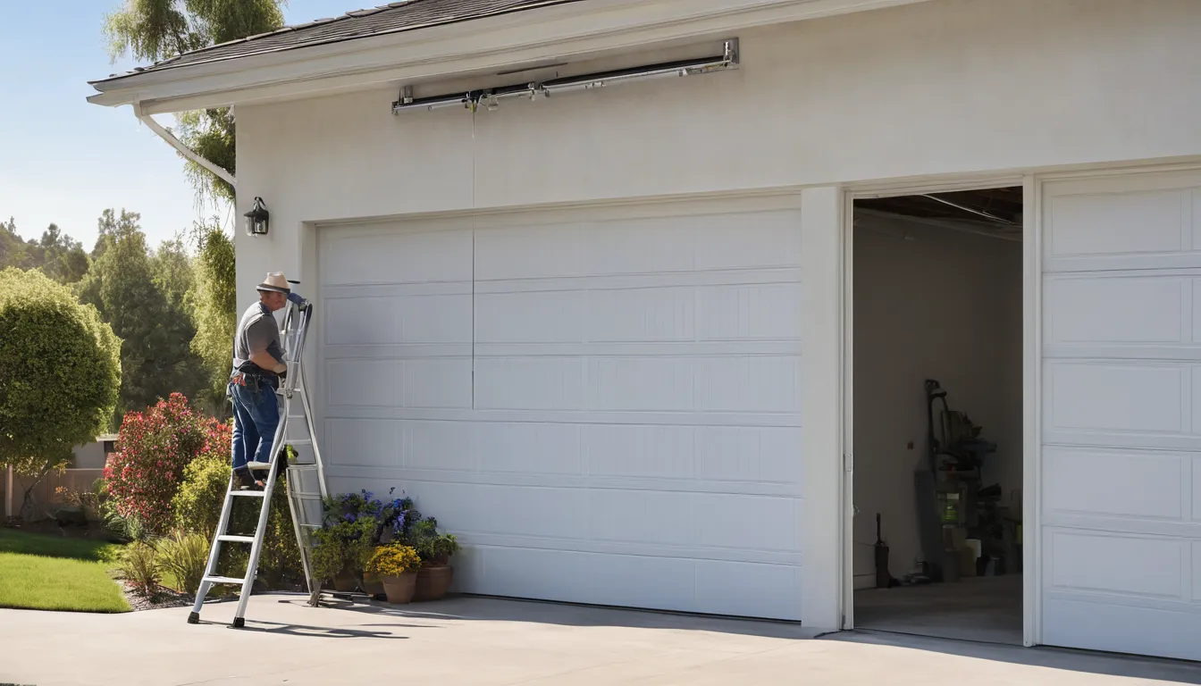 Local garage door provider checking a torsion spring above a residential garage door in Beaumont