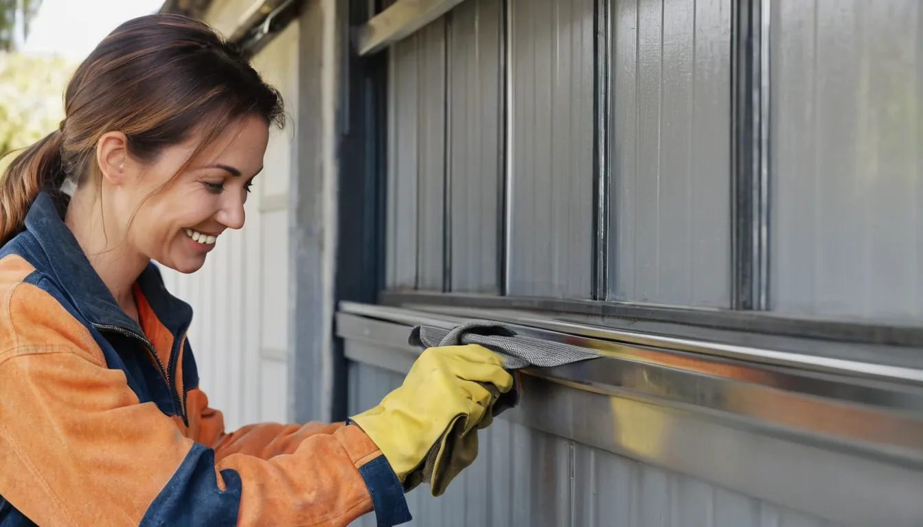 Homeowner wiping garage door tracks as part of a monthly check